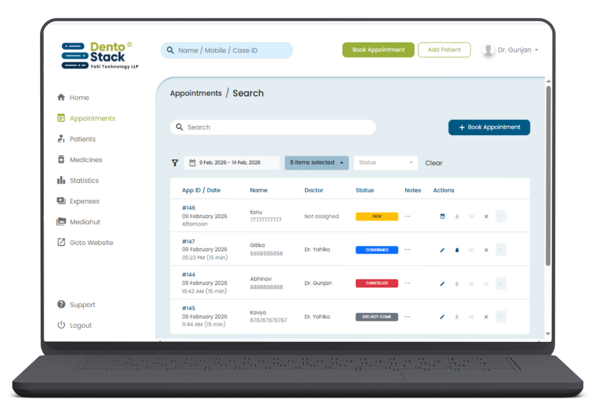 Dentostack dental clinic management software dashboard